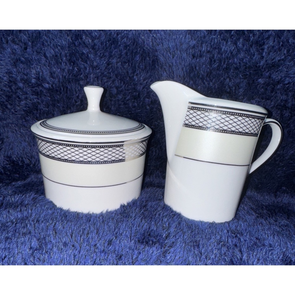 Ralph Lauren China Silk Ribbon Pearl Creamer & Sugar Bowl with Lid Quiet Luxury